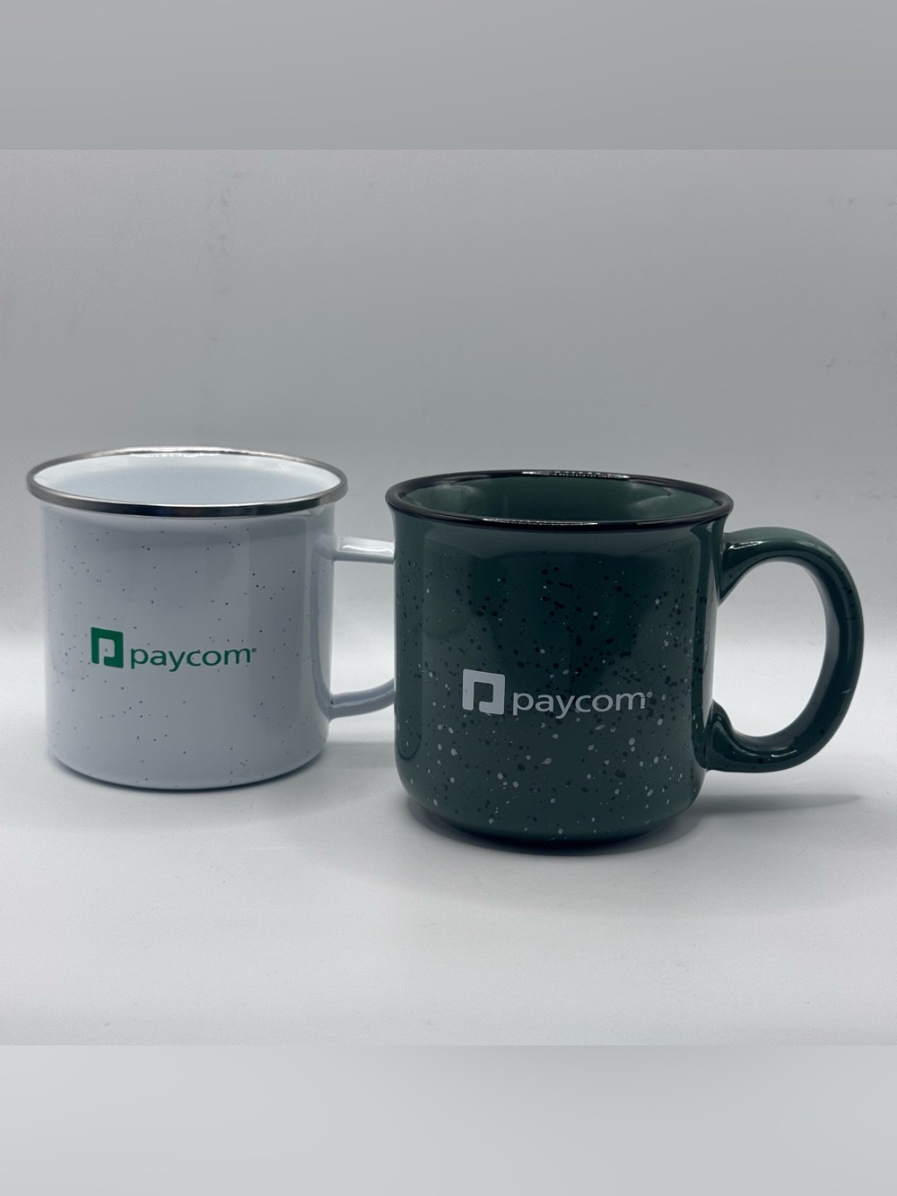 Set Of 2 Speckled Ceramic Campfire Mugs w/‘PAYCOM’ Logo